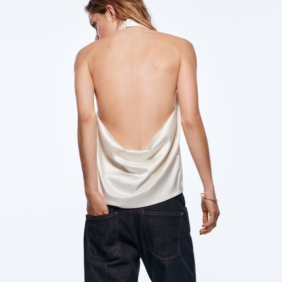 Zara NWT Asymmetrical satin white halter top with draped open back detail - Picture 5 of 9